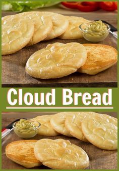 two pictures of bread with green sauce on top and in between the words cloud bread