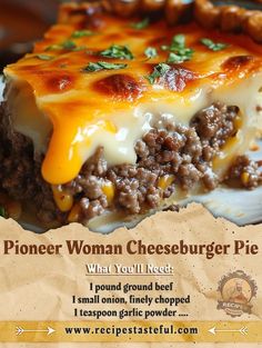 a piece of cheeseburger pie on a plate with the caption, what you'll need