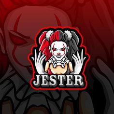 the logo for jester is an evil clown with red hair and white makeup on his face