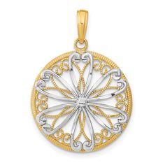 14K Yellow Gold, White Rhodium Filigree Center Fancy Beaded Design Round Shape Pendant at $ 238.85 only from Jewelryshopping.com Round Wedding Band, Fancy Beads, Rose Jewelry, Gold Filigree, Round Frame, Circle Pendant, Fine Jewellery Necklace, Sterling Silver Bands, Bead Designs