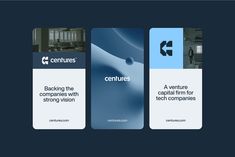 three vertical business cards with the words centuris and back to the future logos