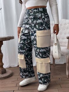 Camouflage High-waisted Pants With Pockets, Cargo Pants Women Outfit, Flap Pocket Cargo Pants, Cheap Camouflage Full-length Cargo Pants, Camouflage Full-length Cargo Bottoms, Camouflage Full-length Cargo Pants With Pockets, Military Camouflage Cargo Pants With Multiple Pockets, Pocket Cargo Pants, Ankara Outfits