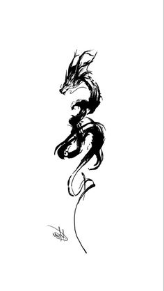 a black and white drawing of a dragon with its tail curled up in the air