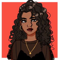 an illustration of a woman with long curly hair wearing a black top and gold necklace