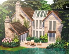 this is an artist's rendering of a house in the woods with a pond