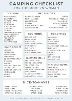 the camping checklist for the modern woman is shown in blue and white with text