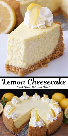 lemon cheesecake on a plate with one slice cut out