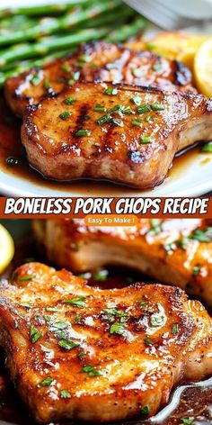 Try this easy Honey Garlic Boneless Pork Chops recipe for a quick and flavorful weeknight dinner. These tender pork chops are pan-seared to perfection and coated in a delicious honey garlic sauce with a hint of spice. Ready in under 30 minutes, this dish is perfect for anyone looking for a simple yet tasty meal idea. Serve it with mashed potatoes, rice, or vegetables for a complete dinner. If you're searching for fast, easy pork chop recipes, this honey garlic version is a must-try! Honey Garlic Pork Chop Recipes, Lion Chops Recipes Pork, Boneless Pork Chops And Potatoes In Oven, Boneless Pork Chops And Rice, Pork Chops In The Oven Boneless, Honey Garlic Boneless Pork Chops, Keto Pork Chop Recipes, Oven Pork Chops, Boneless Pork Chop Recipes