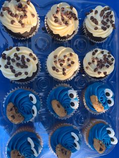 cupcakes with white frosting and chocolate chips are arranged in a plastic tray