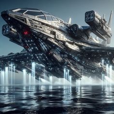 a futuristic ship floating on top of water