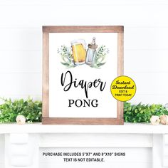 a sign that says, diaper pong with two mugs on the top