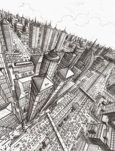 a drawing of a city with lots of tall buildings