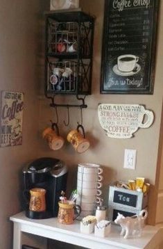 a coffee bar with cups and mugs on it