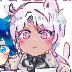 two anime characters one with blue hair and the other wearing pink eyeliners, are looking at something