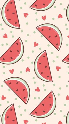 watermelon slices with hearts and dots on a light pink background seamless wallpaper