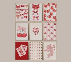 six cards with bows, cherries and hearts are arranged in the shape of squares