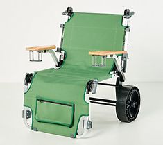 a green lawn chair with wheels on it