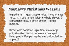 a piece of paper that has some words written on it with the word maaw's christmas wassail