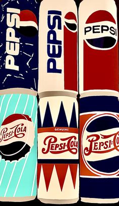 four pepsi cola cans stacked on top of each other in different colors and shapes,