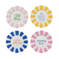 four plates with different designs on them, one has the word'moma mia'in