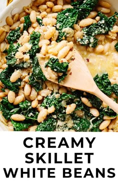 creamy skillet white beans with spinach and parmesan cheese in a casserole dish