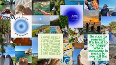 a collage of photos with words and pictures on them that include people, boats, trees, water, and the ocean