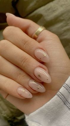 nail inspo , star design , nude nails , french tips , almond shape , short nail inspo , short almond nail inspo , nails , jewlery , pin , explore Rounded Almond Shaped Nails, Minimalist Celestial Nails, Subtle Gold Nail Design, Cute Natural Almond Nails, Classy Bday Nails, Basic Nail Inspiration, Shelak Nails, Persian Nails, Aura Nail Designs Almond