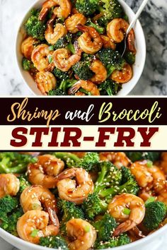 shrimp and broccoli stir - fry in a bowl with chopsticks on the side