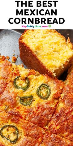 An image of Mexican cornbread slices in a baking dish with title text at the top. Jiffy Mexican Cornbread Recipes, Mexican Cornbread Jiffy Easy, Easy Mexican Cornbread With Jiffy, Jalepeno Cornbread Jiffy, Jalepeno Cornbread Jiffy Corn, Jiffy Corn Bread Mexican Bake, Mexican Cornbread Jiffy, Easy Mexican Cornbread