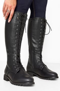 Shop Black Vegan Faux Leather Lace Up Knee High Boots In Wide E Fit & Extra Wide EEE Fit at Yours Clothing. Discover wide fit shoes in E and EEE fit. Black Lace Up Boots Outfit, Black Boots Outfit Winter, Black Boots Outfits, Lace Up Boot Outfit, Black Lace Up Dress, Long Black Boots, Boots Outfit Men, Biker Look, Winter Boots Outfits