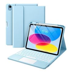 an open laptop computer sitting on top of a white table next to a blue case