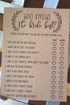 a brown paper sign that says who knows the bride's list? on it