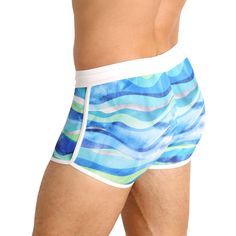 Based on an American classic, LASC's square-cut swim trunk will never go out of style. Made of a soft, stretchy and quick-drying performance fabric, this trunk features a unique print, front lining, contrast trim and exposed drawstrings to keep everything in place as you swim or dive. Although retro-inspired, LASC's trunk brings you up-to-date with today's popular shorter leg length. Designer Features: All-over print; contrast trim Size and Fit: Model is wearing a size Small; Model is 6 ft 1 in, Blue Boxer Briefs With Built-in Shorts For Beach Season, Blue Sporty Boxer Briefs For Beach, Summer Fitted Blue Boxer Briefs, Blue Fitted Boxer Briefs For Summer, Fitted Blue Boxer Briefs For Summer, Fitted Blue Boxer Briefs With Built-in Shorts, Blue Stretch Boxer Briefs For Beach Season, White Fitted Swim Trunks For Surfing, White Surfing Swim Trunks