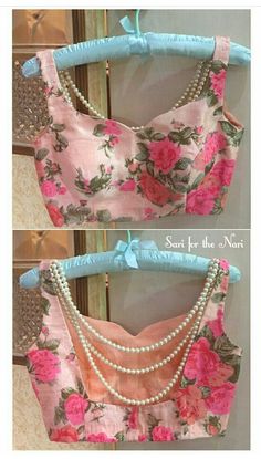 Flower Print Blouse Design, Light Pink Blouse Designs, Nice Blouse Designs, Unique Blouse Designs Saree, Blouse Ideas For Lehenga, Bh Hacks, Pearl Blouse