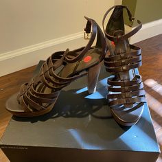 New With Tags Leather Sandals With 4-inch Heel For Beach, Brown Synthetic Sandals With Wrapped Heel, Brown Sandals With Wrapped Heel And Round Toe, Franco Sarto Sandals, Gold Strappy Sandals, Brown Leather Wedges, Strappy Block Heel Sandals, Yellow Sandals, Block Sandals