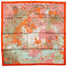 Hermès brand new in box tropical garden silk scarf. Hand-rolled edges. Pink Silk Scarf, Blue Silk Scarf, Hermes Orange, Paisley Flower, Orange Scarf, Elephant Logo, Orange And Pink, Scarf Design, Shawl Wrap