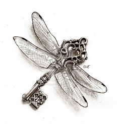 a drawing of a dragonfly with a key attached to it's back end