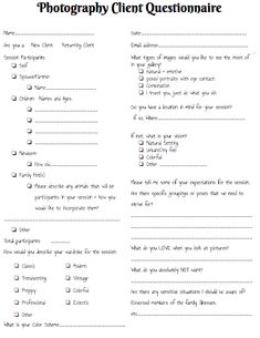 a printable photography client question sheet