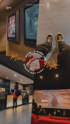 a man standing in front of a movie theater with his feet up on the floor