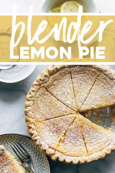 a lemon pie with a slice missing from it and the title below reads, blenoer lemon pie