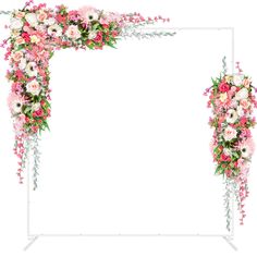 an arch with flowers and greenery on the sides is shown in pink, white and green