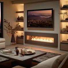 a living room with a fire place in the center