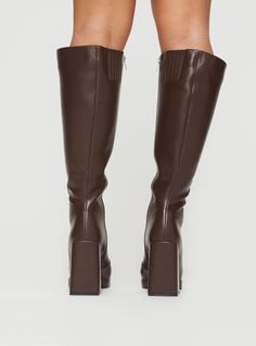 Knee-high boots Faux matte leather, platform base, squared toe, thick flared heel, zip fastening at side Upper: 100% PU, Lining & insole: 100% spandex, Outsole: 100% TPR Heel height: 11cm / 4.33in Lace Up Wedges, Casual Sport Shoes, Brown Shoe, Platform Sneakers, Summer Shoes, High Boots, Knee High Boots, Black Shoes, Knee High