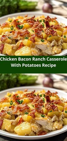 chicken bacon ranch casserole with potatoes recipe on a white plate and green onions