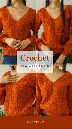 a woman wearing an orange sweater and jeans with the text crochet on it