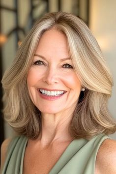 Save this pin for the best hairstyles for women over 60 with fine hair. This laid-back style is perfect for women who want a versatile shoulder-length haircut. Subtle layers give fine hair some much-needed body. Woman Haircut, Shoulder Length Waves, Subtle Layers, Chin Length Cuts, Short Permed Hair, Angled Bobs, Fine Straight Hair