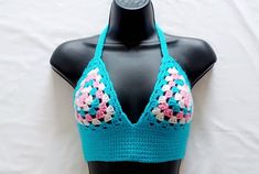 Handmade crochet granny square  halterneck bralette.  Lace up back extends from 26-34ins.  Cups measure approx 6.5in across the widest part and 6.5in from strap to base of cup.  Colour may differ slightly due to screen resolution.  Handwash in warm water Festival Crop Tops, Womens Halter Tops, Top Bra, Crochet Halter, Bralette Crop Top, Crop Top Bra, Bra Top, Summer Festival, Lace Bralette