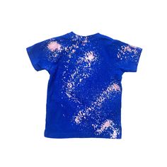 Boys Royal blue t-shirt in bleach dye with fabric sewn character motif. Runs true to size. Blue Graffiti Print T-shirt For Summer, Blue Cotton Tops With Graffiti Print, Blue Graffiti Print Crew Neck T-shirt, Blue Crew Neck T-shirt With Graffiti Print, Tie Dye T-shirt With Graffiti Print, Short Sleeve, Blue Relaxed Fit T-shirt With Graffiti Print, Blue Graffiti Print Top With Relaxed Fit, Graphic Cotton T-shirt With Paint Splatter, Graphic Tee With Paint Splatter And Short Sleeves