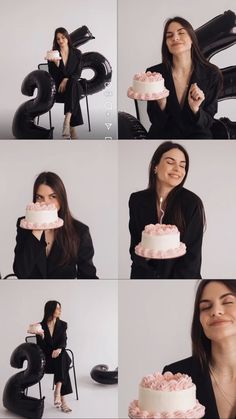 a woman sitting in front of a cake