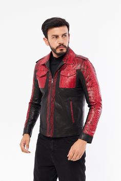 RED Genuine Leather Jacket , Our products are 100% genuine Python leather; It is produced in master hands with quality materials and delicate hand workmanship. Luxury Leather Jacket With Leather Lining, Red Leather Jacket For Formal Occasions, Luxury Leather Jacket For Formal Occasions, Formal Red Leather Jacket, Designer Red Leather Jacket, Luxury Classic Red Leather Jacket, Designer Fitted Red Leather Jacket, Luxury Red Leather Jacket For Streetwear, Luxury Red Leather Jacket For Men